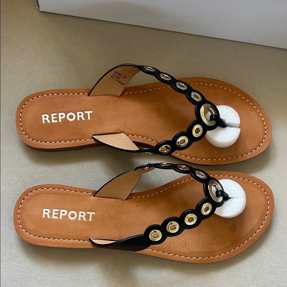 Report Black and Tan Sandals with Gold Accents new in box - Picture 6 of 7